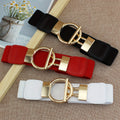 Women's Elastic Girdle Belt 3-Pack – Wide Waistband with Round Buckle, Classic Solid Color Stretch Waist Belt Set (Black, Red & White) for Dresses, Outerwear & Daily Outfits