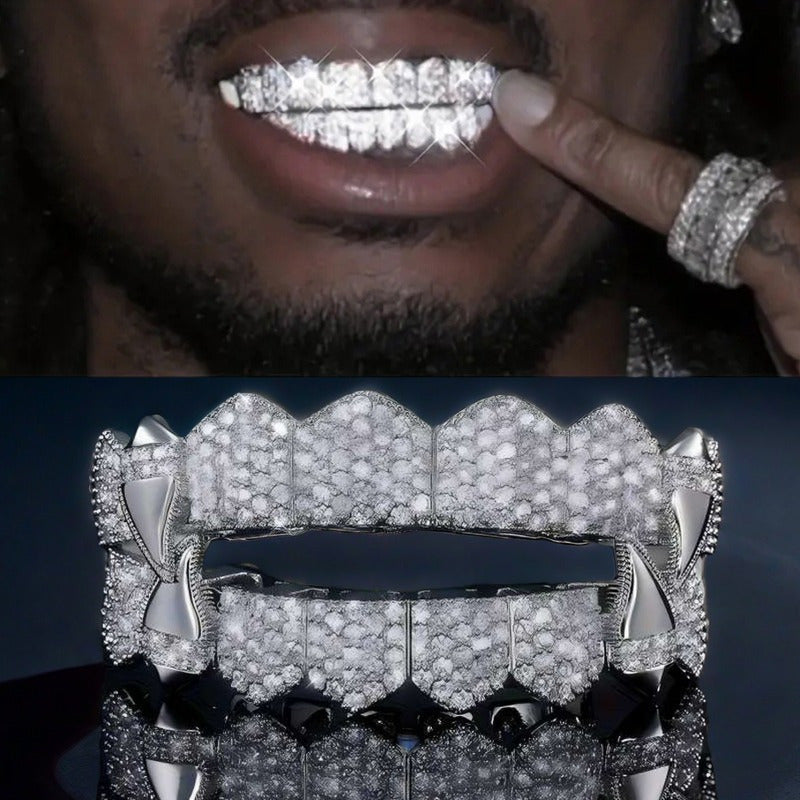 Hip Hop Grillz Upper & Lower Set 16 Teeth – Bling Silver Gold Punk Style Teeth Grills for Rap Cosplay Halloween Performance, Unisex Novelty Costume Jewelry Accessory