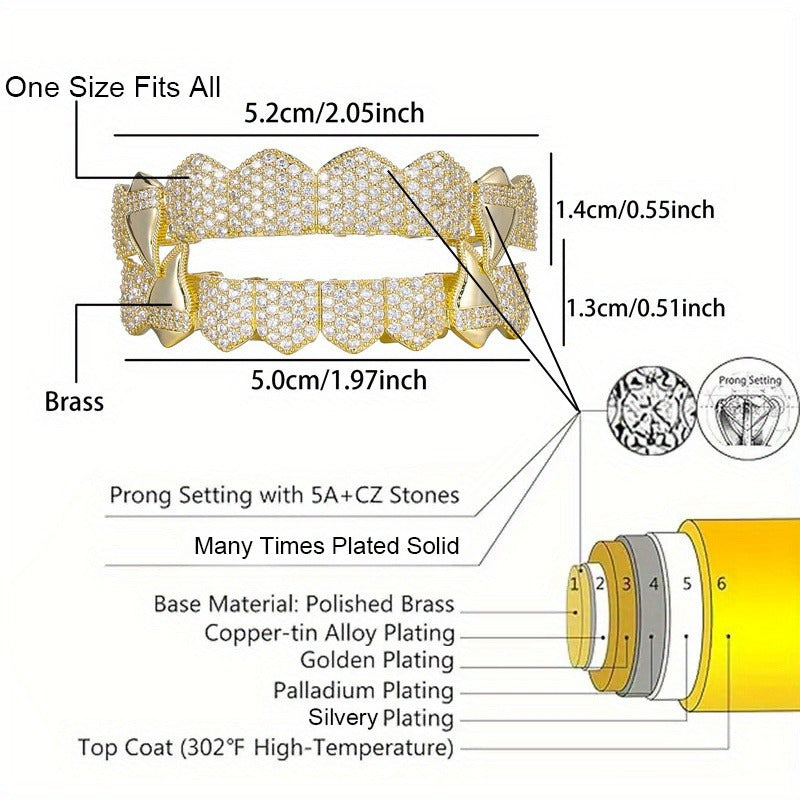 Hip Hop Grillz Upper & Lower Set 16 Teeth – Bling Silver Gold Punk Style Teeth Grills for Rap Cosplay Halloween Performance, Unisex Novelty Costume Jewelry Accessory