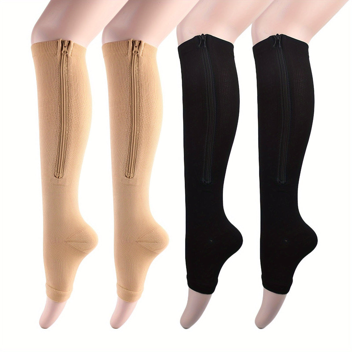 Zipper Compression Socks Side Zipper Easy On Off for Men & Women – Breathable Support Socks for Tired Swollen Feet, 50% Nylon Polyester, Black & Light Beige, S/M & L/XL