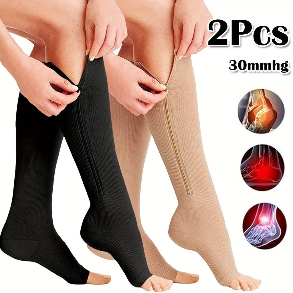 Zipper Compression Socks Side Zipper Easy On Off for Men & Women – Breathable Support Socks for Tired Swollen Feet, 50% Nylon Polyester, Black & Light Beige, S/M & L/XL