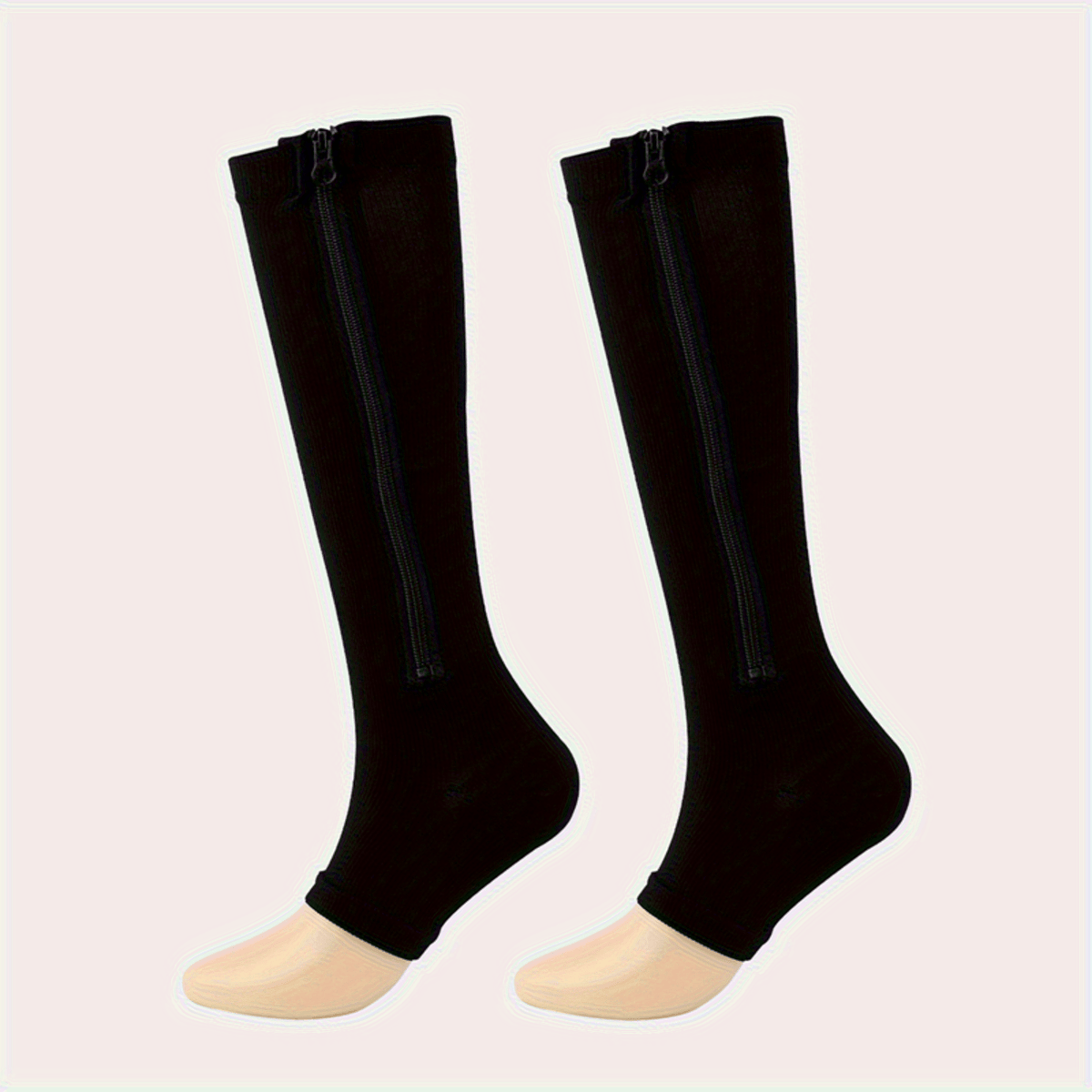 Zipper Compression Socks Side Zipper Easy On Off for Men & Women – Breathable Support Socks for Tired Swollen Feet, 50% Nylon Polyester, Black & Light Beige, S/M & L/XL