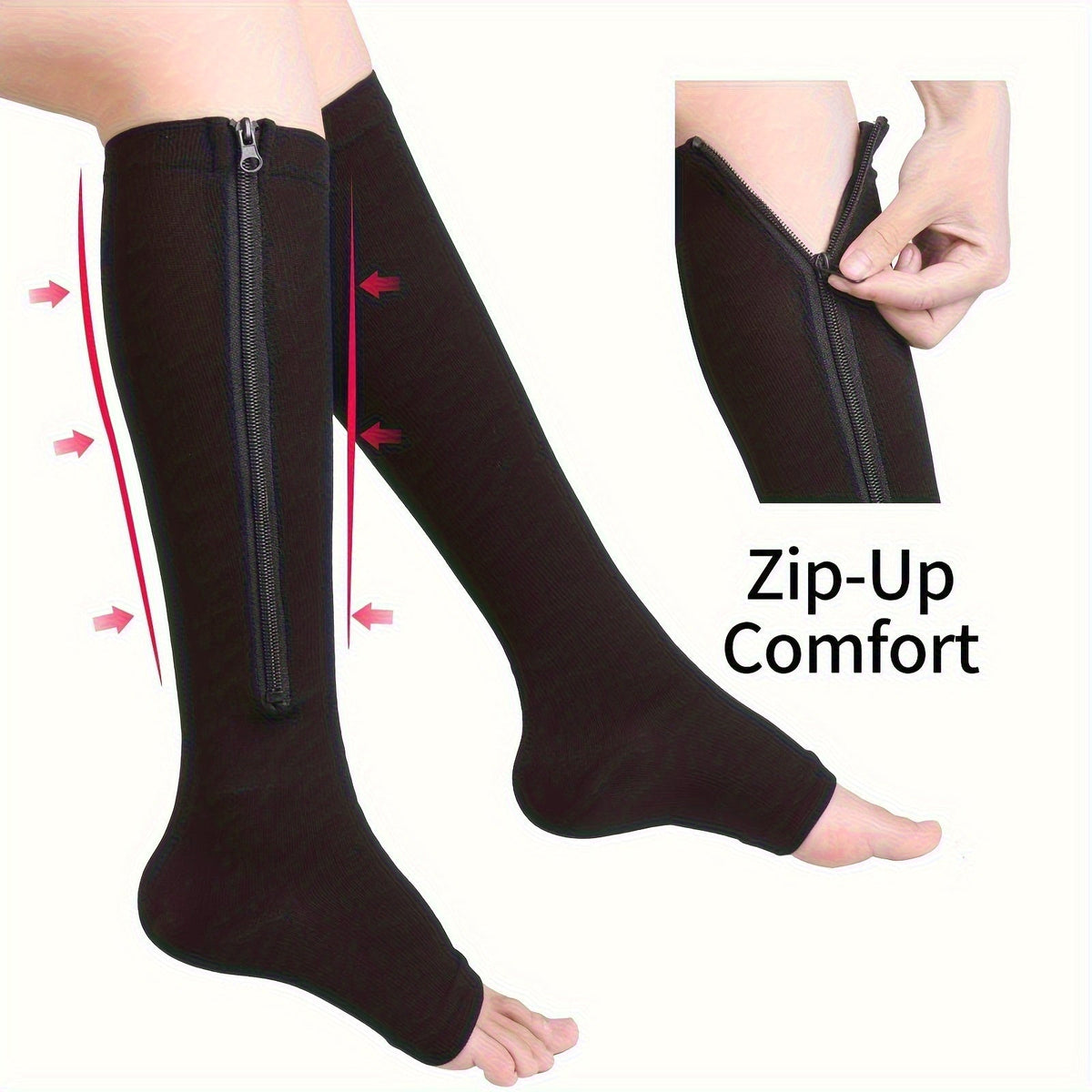 Zipper Compression Socks Side Zipper Easy On Off for Men & Women – Breathable Support Socks for Tired Swollen Feet, 50% Nylon Polyester, Black & Light Beige, S/M & L/XL