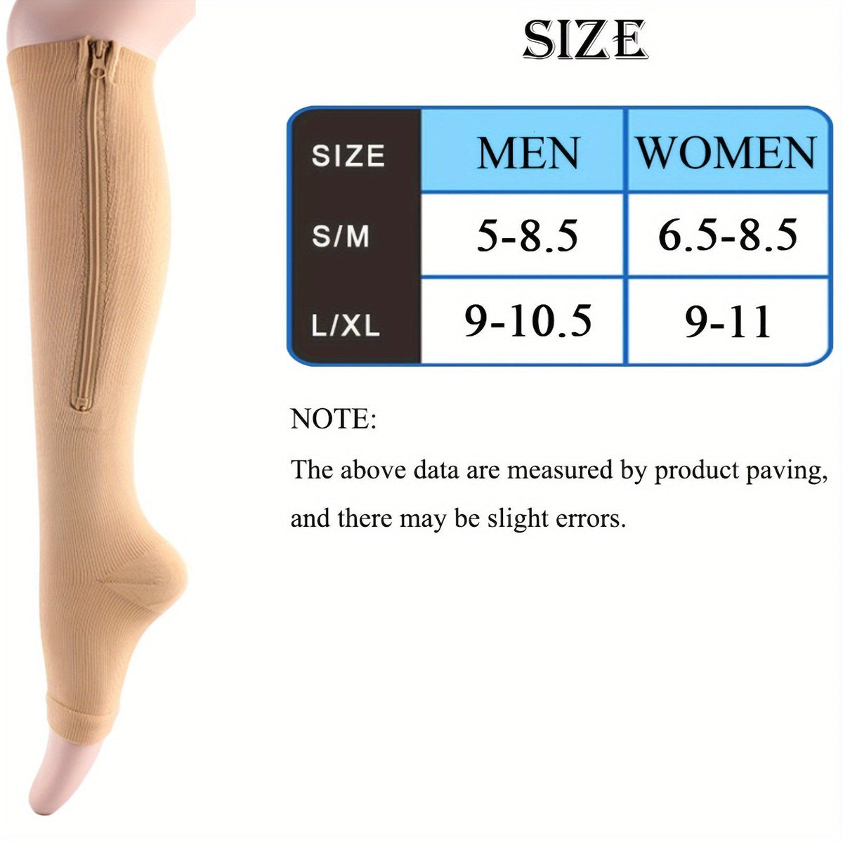 Zipper Compression Socks Side Zipper Easy On Off for Men & Women – Breathable Support Socks for Tired Swollen Feet, 50% Nylon Polyester, Black & Light Beige, S/M & L/XL
