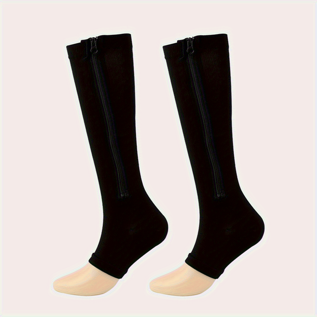 Zipper Compression Socks Side Zipper Easy On Off for Men & Women – Breathable Support Socks for Tired Swollen Feet, 50% Nylon Polyester, Black & Light Beige, S/M & L/XL
