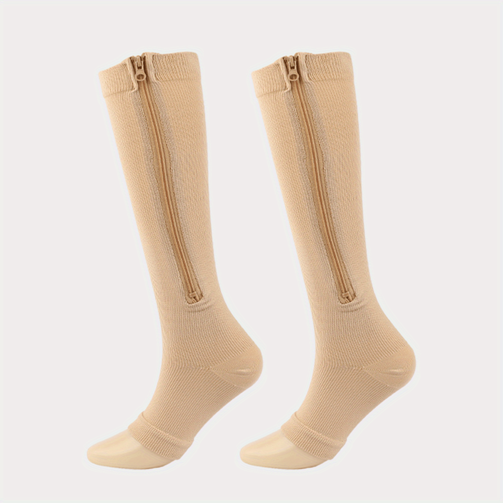 Zipper Compression Socks Side Zipper Easy On Off for Men & Women – Breathable Support Socks for Tired Swollen Feet, 50% Nylon Polyester, Black & Light Beige, S/M & L/XL