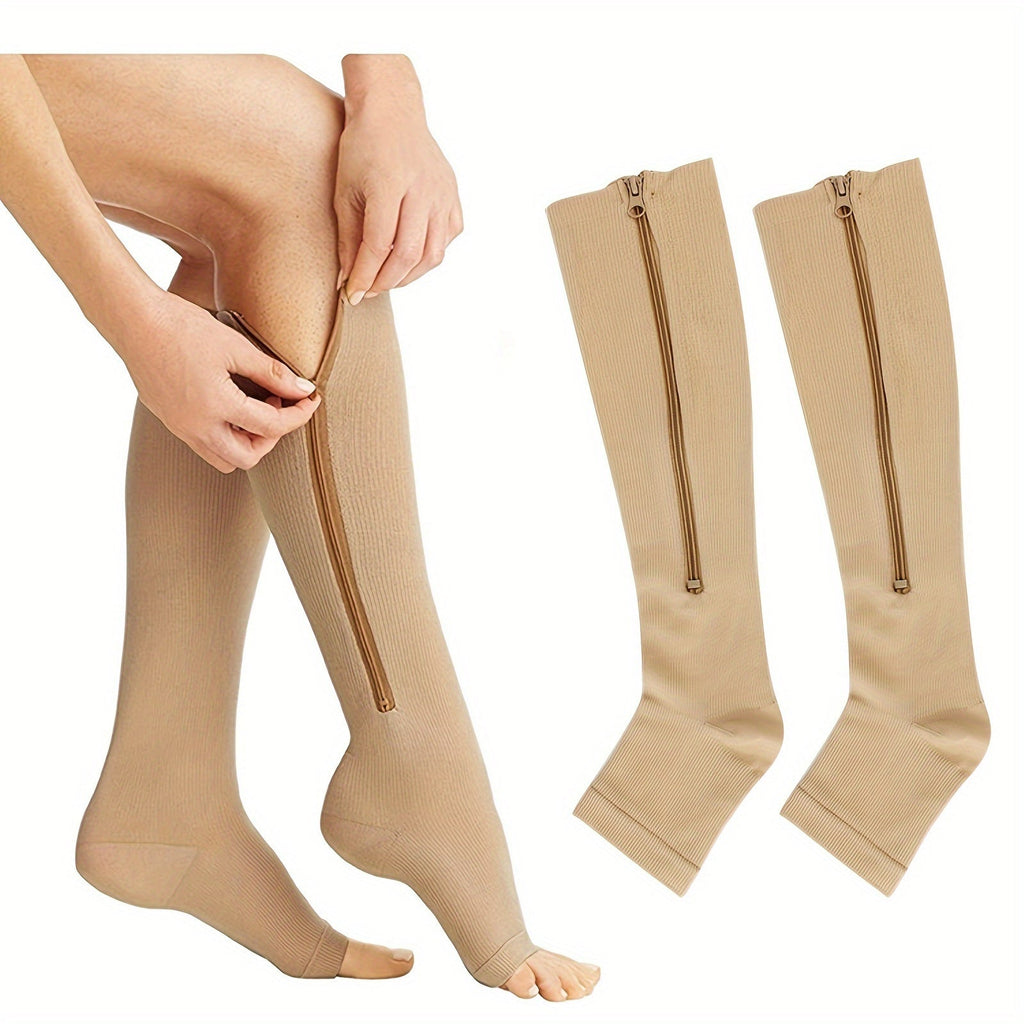 Zipper Compression Socks Side Zipper Easy On Off for Men & Women – Breathable Support Socks for Tired Swollen Feet, 50% Nylon Polyester, Black & Light Beige, S/M & L/XL