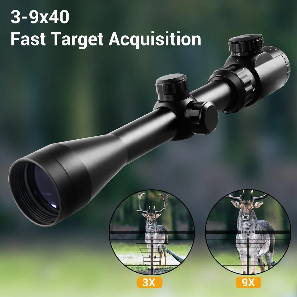 3-9x40 Rifle Scope with Red & Green Illuminated Reticle – Reinforced Aluminum Alloy Tactical Riflescope with 4-Hole Mounting System for Hunting, Target Shooting & Outdoor Use | 3-9x40EG