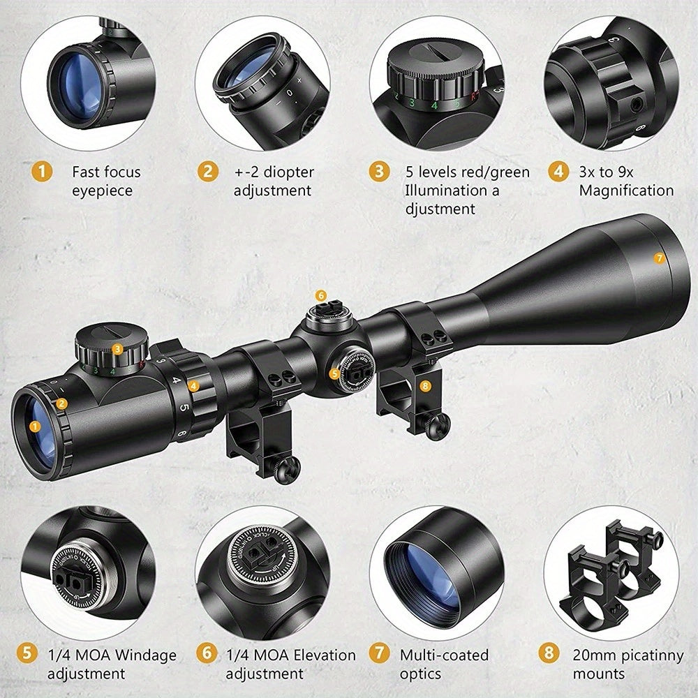 3-9x40 Rifle Scope with Red & Green Illuminated Reticle – Reinforced Aluminum Alloy Tactical Riflescope with 4-Hole Mounting System for Hunting, Target Shooting & Outdoor Use | 3-9x40EG