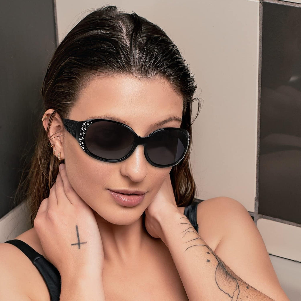 Women's Polarized Wraparound Sunglasses with Rhinestone Detail – UV400 Gradient Lens Oversized Shield Shades for Driving Beach Festival, 4 Colors
