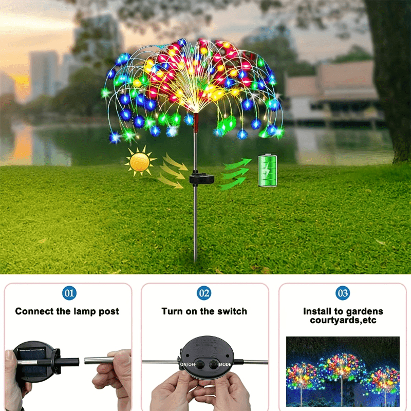 Solar Firework Garden Lights Outdoor – 8 Modes LED Smart Sensor Auto Dusk to Dawn Waterproof Landscape Lighting for Garden Patio Walkway Yard Lawn Party Wedding 60 200 360 LED Multi-Pack