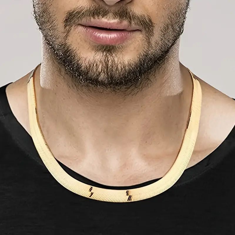 9mm Gold Plated Herringbone Chain Necklace Men – Classic Clavicle Flat Serpentine Chain Copper Alloy Daily Wear Party Christmas Holiday Gift