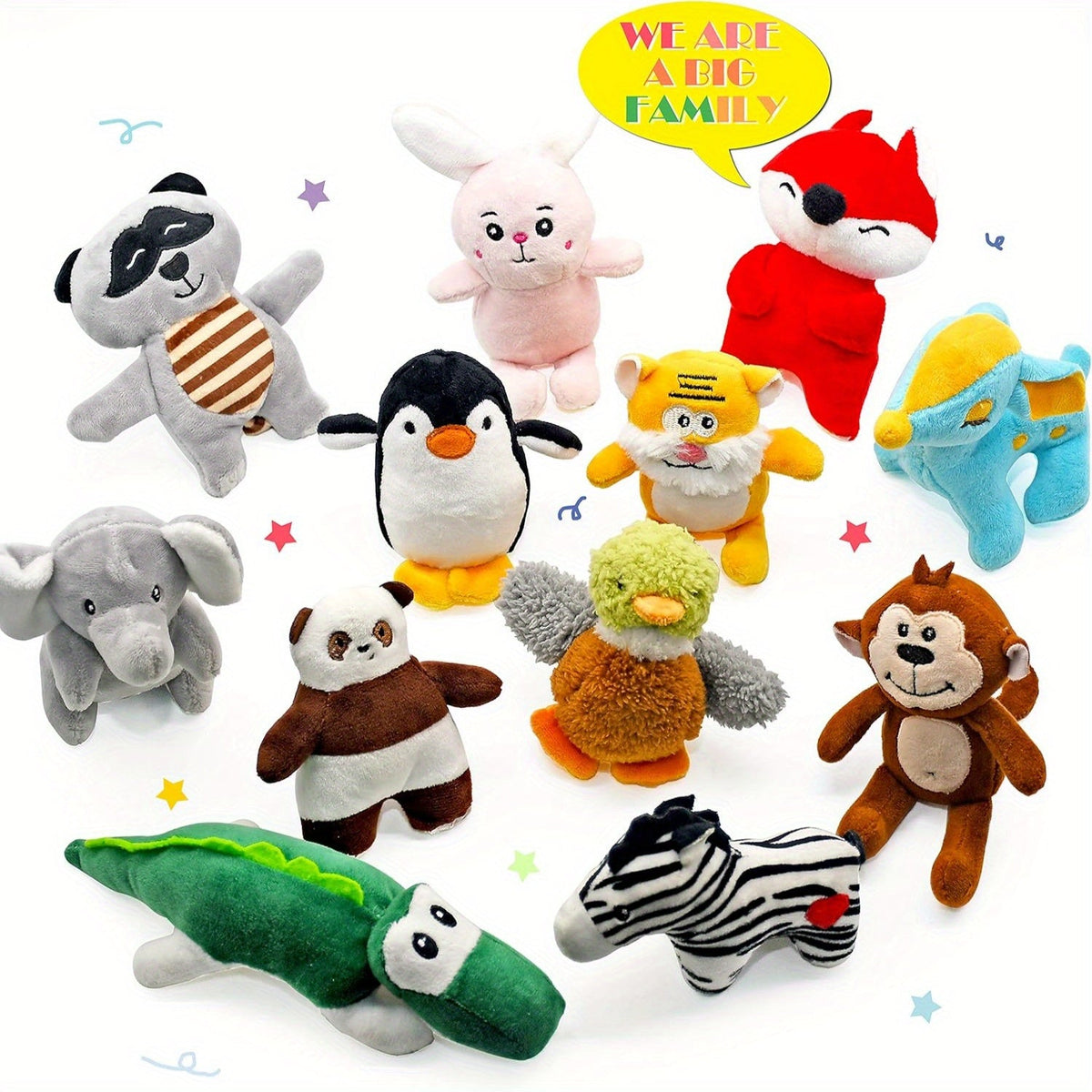 12 Pack Squeaky Stuffed Animal Dog Toys Plush Puppy Toys for Small Medium Dogs Soft Chew Teething Squeaker Toys with Gift Box Fox Tiger Rabbit Panda Elephant and More