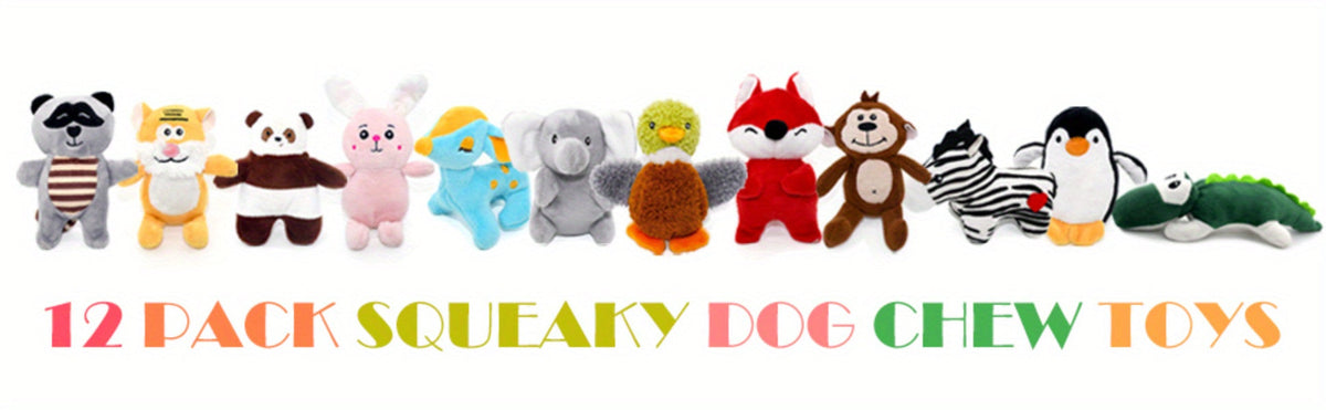12 Pack Squeaky Stuffed Animal Dog Toys Plush Puppy Toys for Small Medium Dogs Soft Chew Teething Squeaker Toys with Gift Box Fox Tiger Rabbit Panda Elephant and More
