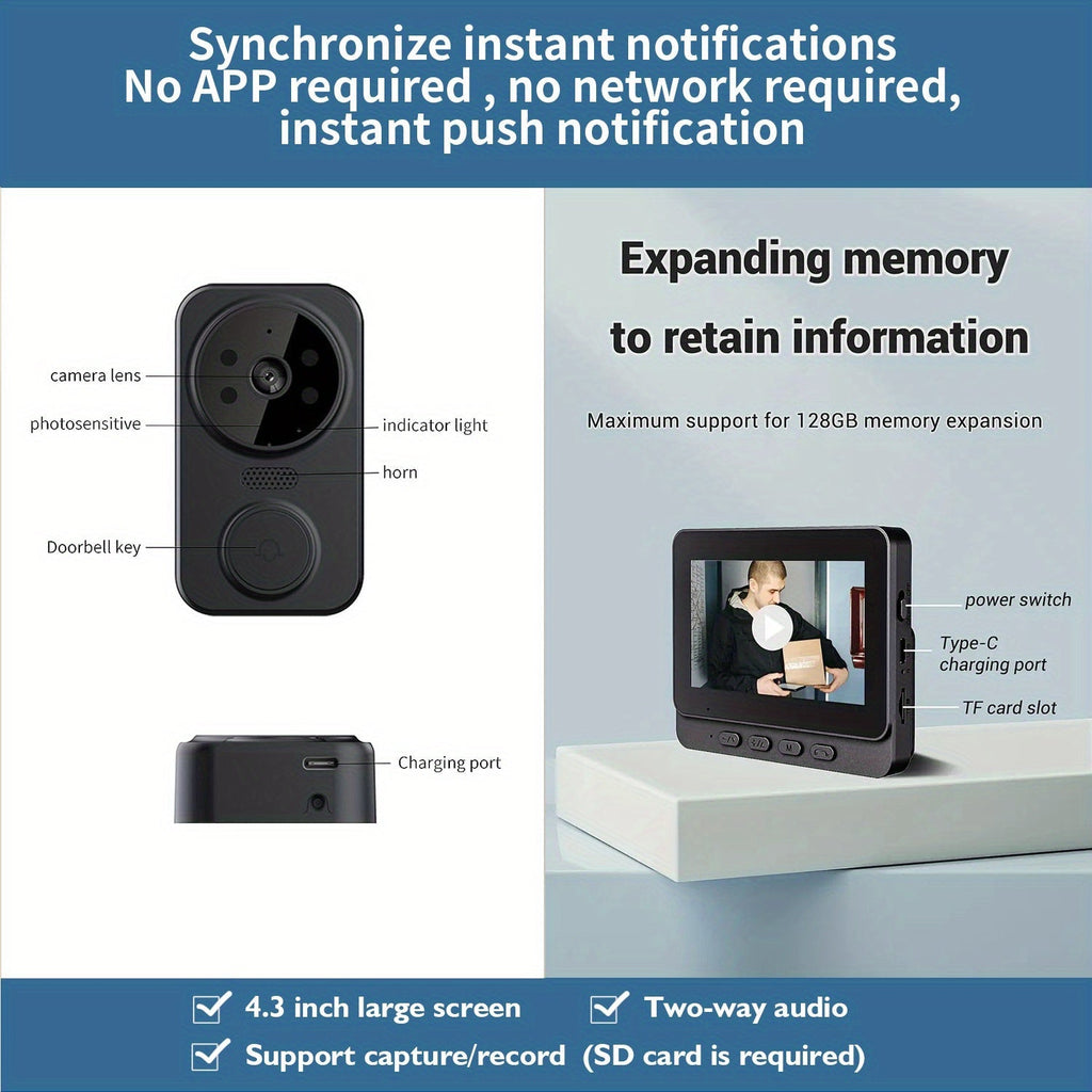 Wireless Video Doorbell Camera No Wi-Fi Needed with 4.3" Indoor Monitor – 1080P FHD 120° Wide Angle Night Vision Two-Way Audio 1200mAh Battery SD Card Storage Easy Install Home Security