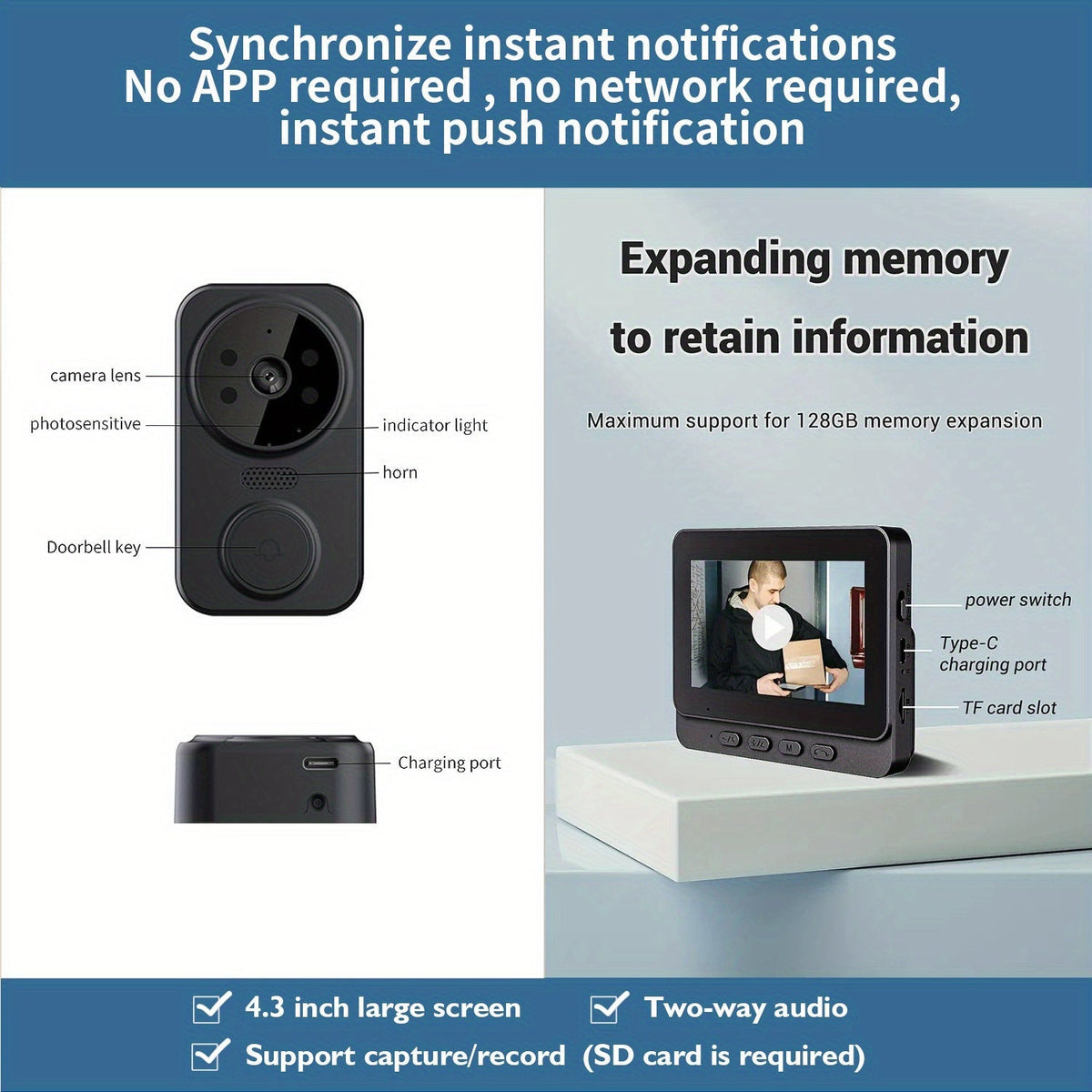 Wireless Video Doorbell Camera No Wi-Fi Needed with 4.3" Indoor Monitor – 1080P FHD 120° Wide Angle Night Vision Two-Way Audio 1200mAh Battery SD Card Storage Easy Install Home Security