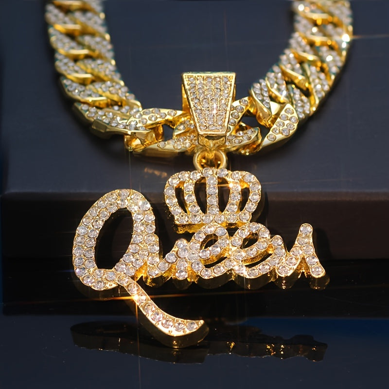 Queen Crown CZ Pendant Necklace for Women Hip Hop Bling Statement Jewelry – Synthetic Zirconia Bold Necklace Gift for Ladies Birthday Valentine's Day Anniversary