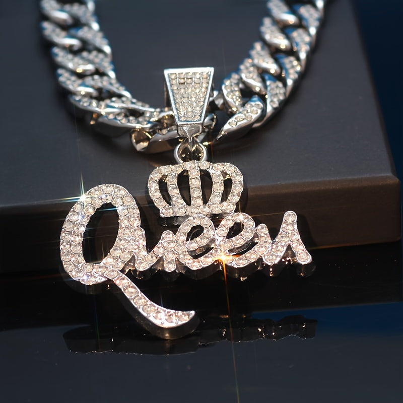 Queen Crown CZ Pendant Necklace for Women Hip Hop Bling Statement Jewelry – Synthetic Zirconia Bold Necklace Gift for Ladies Birthday Valentine's Day Anniversary