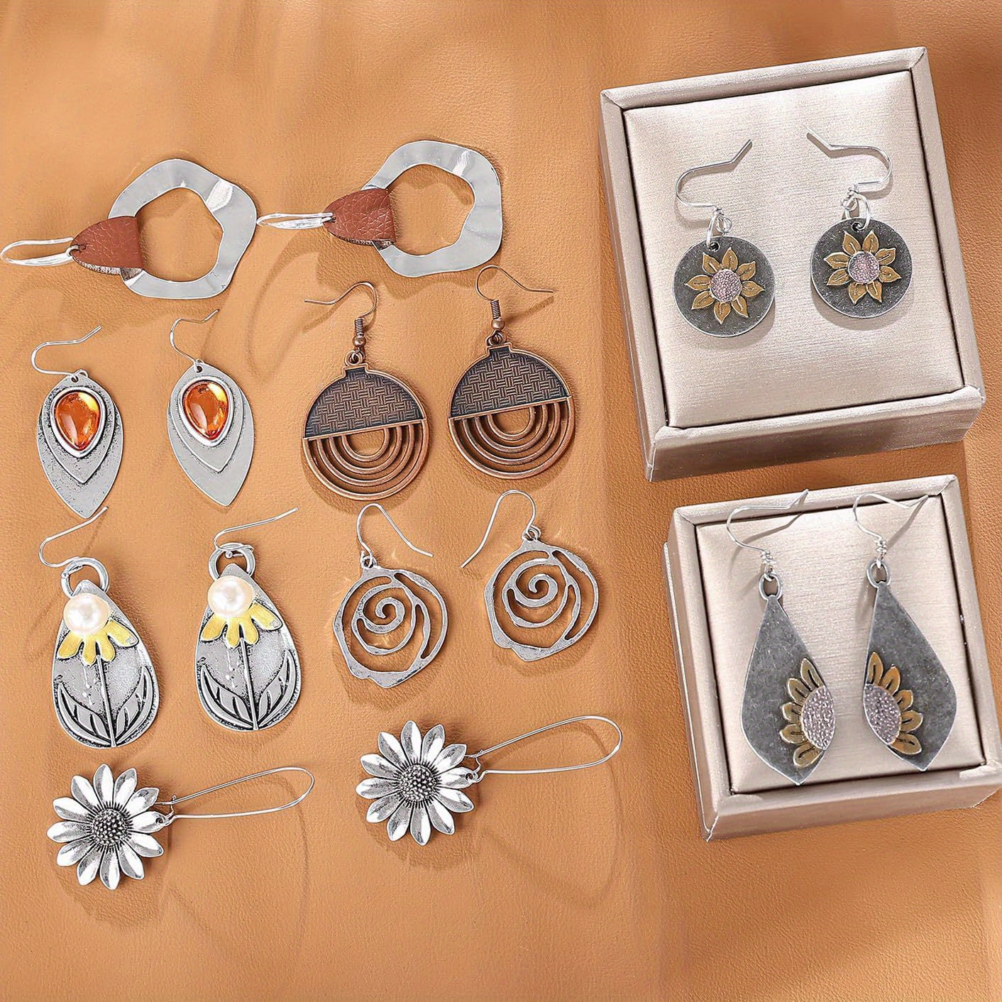 9-Pair Bohemian Geometric Earrings Set for Women – Wooden Leather Retro Sunflower Circular Multicolor Boho Dangle Earrings Gift Set Girls Ladies Festival Daily Wear Christmas Birthday