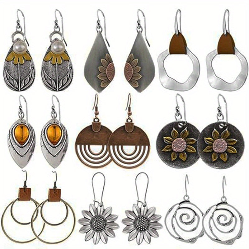 9-Pair Bohemian Geometric Earrings Set for Women – Wooden Leather Retro Sunflower Circular Multicolor Boho Dangle Earrings Gift Set Girls Ladies Festival Daily Wear Christmas Birthday