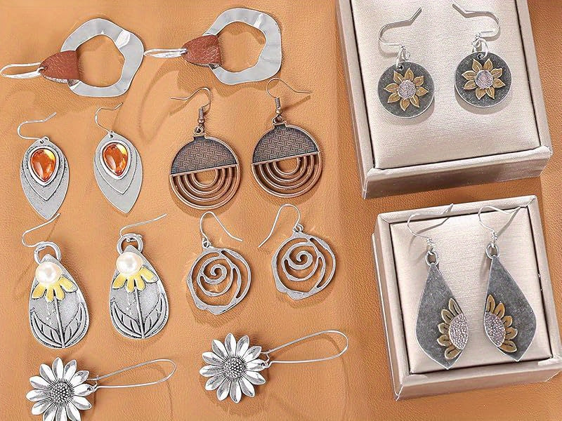 9-Pair Bohemian Geometric Earrings Set for Women – Wooden Leather Retro Sunflower Circular Multicolor Boho Dangle Earrings Gift Set Girls Ladies Festival Daily Wear Christmas Birthday