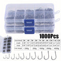 1000pcs Fish Hooks Assorted Sizes #3 #4 #5 #6 #7 #8 #9 #10 #11 #12 Carbon Steel Sharp Barbed Hooks with Portable Storage Box, Freshwater Saltwater Fishing Gear for Bass Trout Carp – Black & Silver