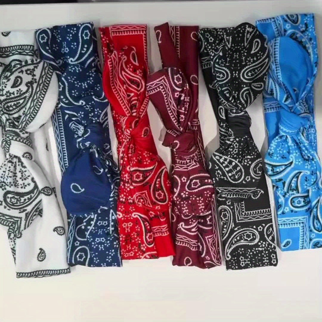 6-Pack Bohemian Paisley Bow Elastic Headbands for Women – Cashew Flower Loose Elastic Headscarves 6 Colors Sky Blue Black Navy Wine Red White Red All Seasons Sports Daily Wear Gift
