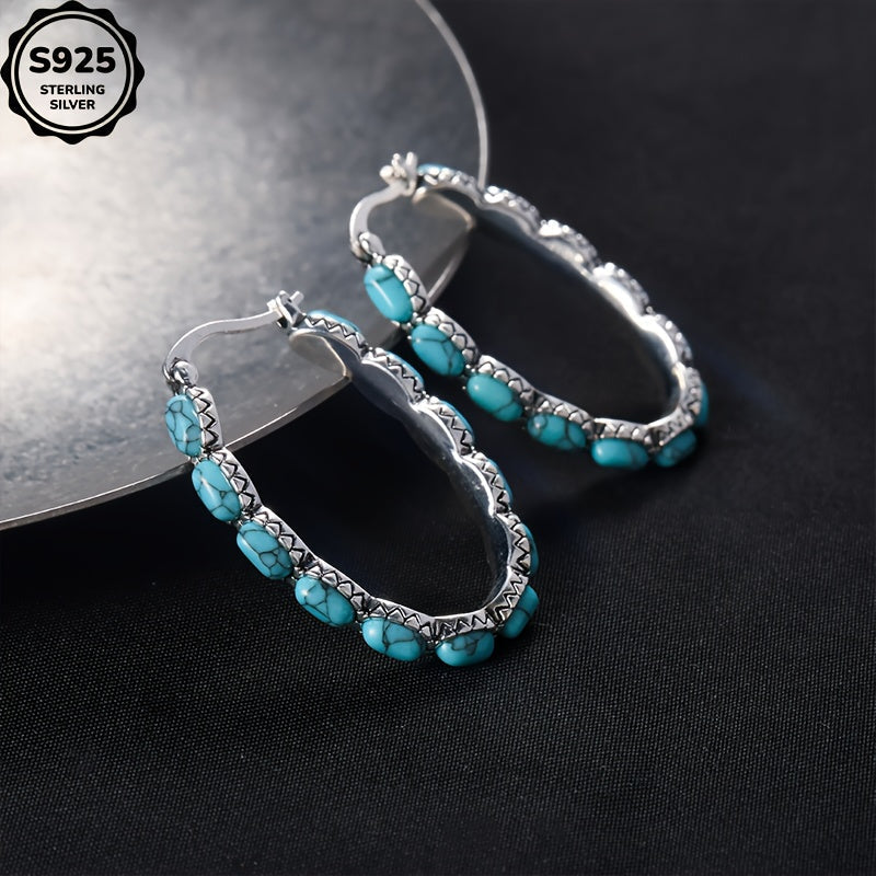 925 Sterling Silver Turquoise Stud Earrings for Women – Bohemian Retro Hypoallergenic Gemstone Studs Daily Wear Boho Jewelry Gift for Ladies Mother's Day Valentine's Day Birthday Anniversary