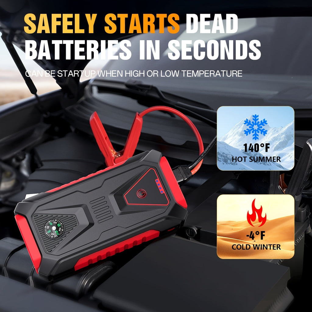 5000A Peak Jump Starter 12V Portable Car Battery Starter for Gas & Diesel Engines – LED Flashlight, SOS Light, Safety Hammer, Compass & USB Power Bank, 74WH Lithium Battery