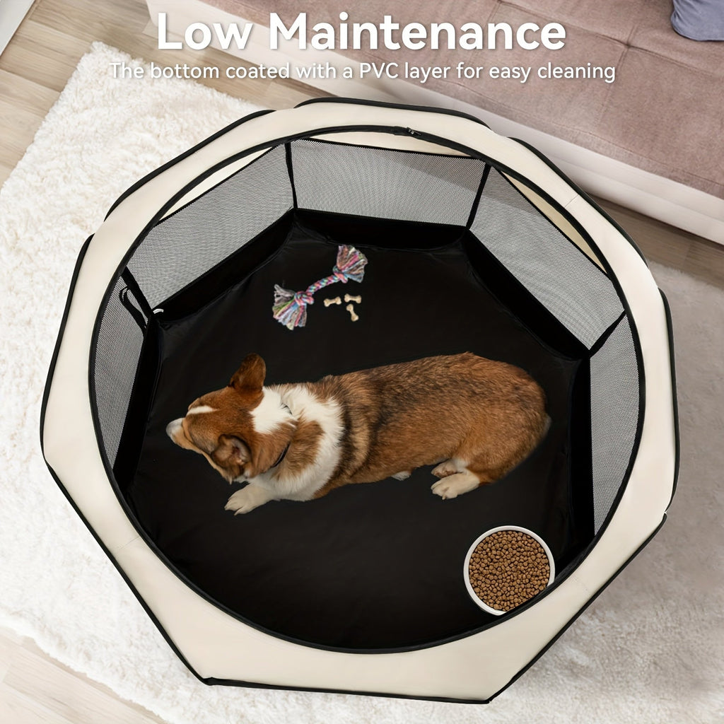 Octagonal Pet Playpen Tent Foldable Oxford Fabric - No Assembly Indoor Outdoor Dog Cat Enclosure Kennel Maternity Room M L XL Blue & Beige, Portable Collapsible Pet Exercise Pen
