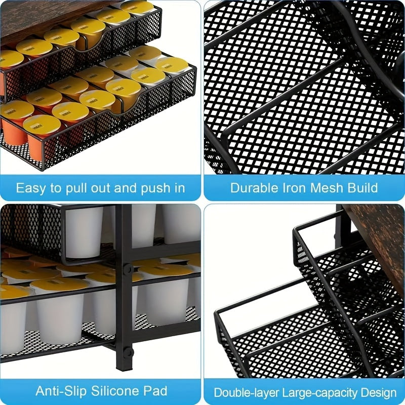 K-Cup Coffee Pod Holder Counter Storage Sliding Drawer Organizer Keurig Nespresso Capsules Double Layer 48 Pod Capacity Kitchen Countertop Coffee Station Brown