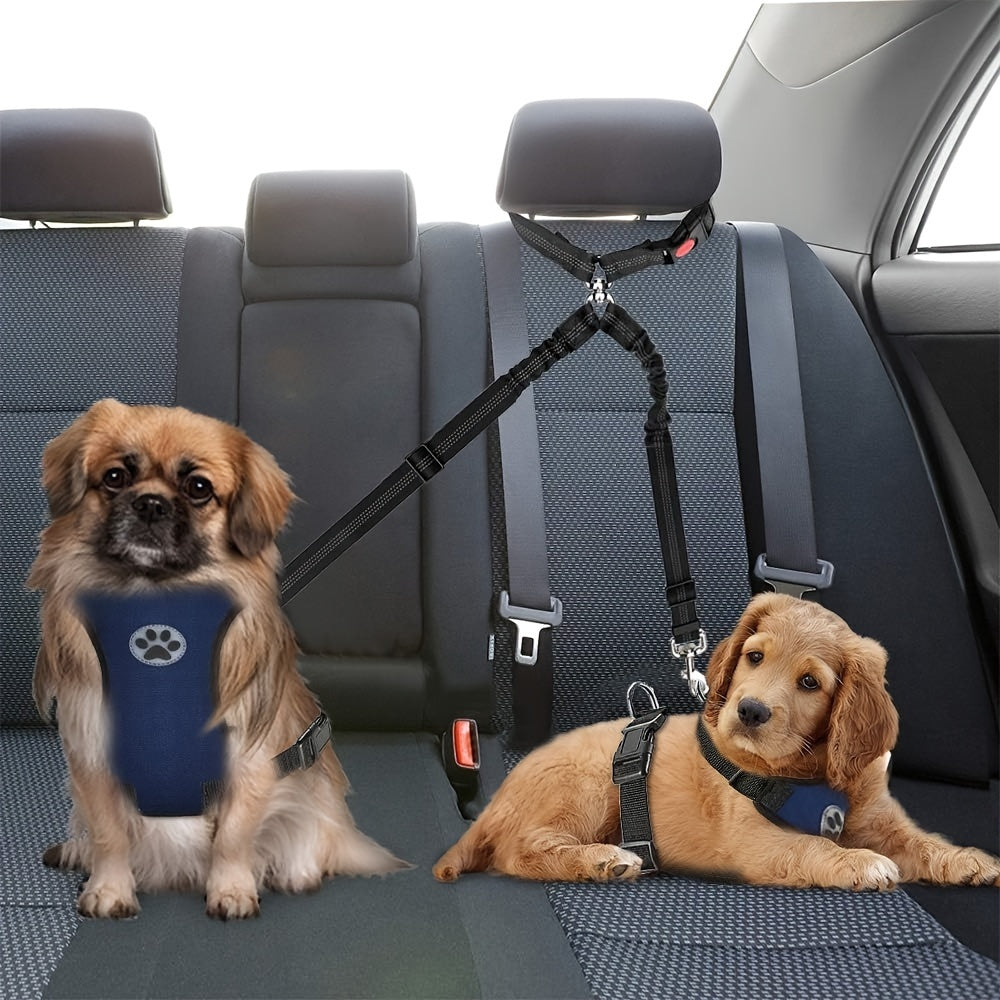 Dual Dog Car Seat Belt 2 Dogs Simultaneously No-Tangle Adjustable Bungee Headrest Clip Pet Safety Harness Small Medium Large Dogs Travel Black Red Rose Red