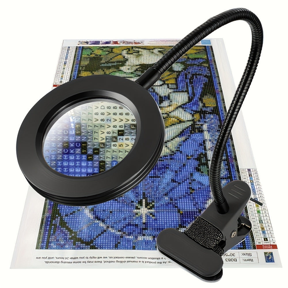 Diamond Painting Magnifier LED Clamp Lamp 10X Hands-Free 5V USB 3 Color Modes 10 Brightness Levels 18'' Flexible Gooseneck for Crafts Sewing Jewelry Making Embroidery Reading Hobby Desk Light