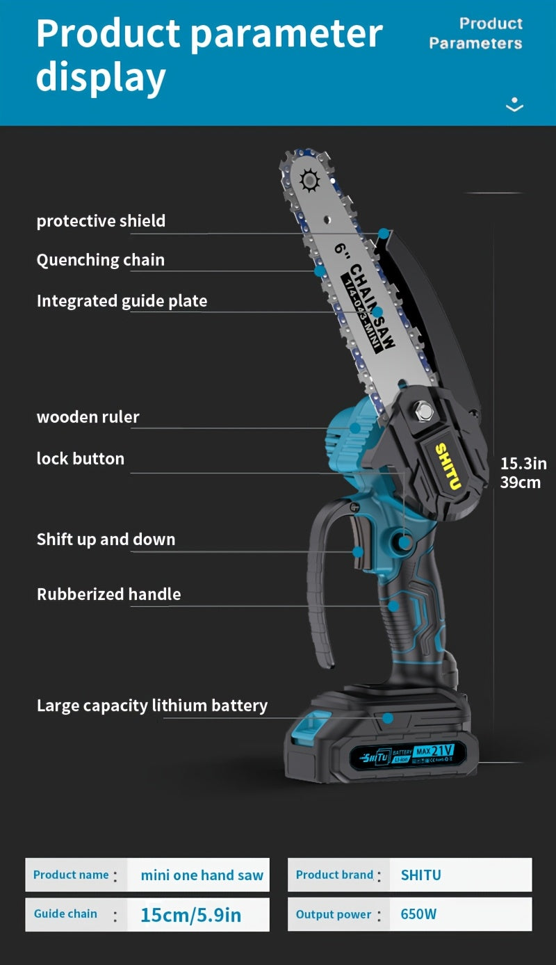 Mini Cordless Chainsaw Portable Handheld Electric Tree Cutter with Splash Guard Security Lock Rechargeable Battery for Garden Yard Branch Pruning