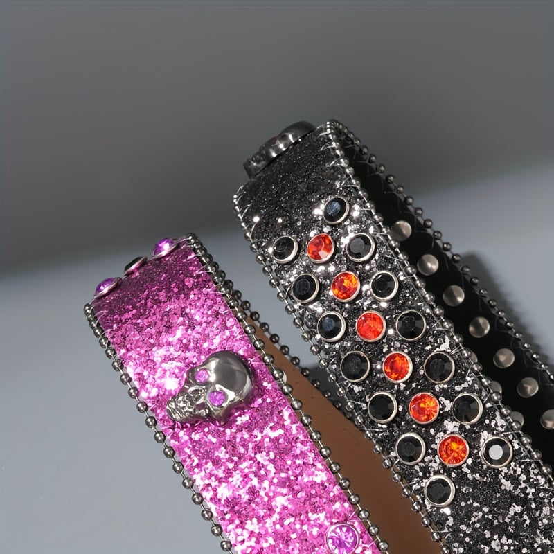 Unisex Punk Skull Belt – Rhinestone-Embellished Faux Leather with Zinc Alloy Skull Buckle, Bold Statement Fashion Accessory for Halloween, Parties & Daily Wear, 5 Colors Available