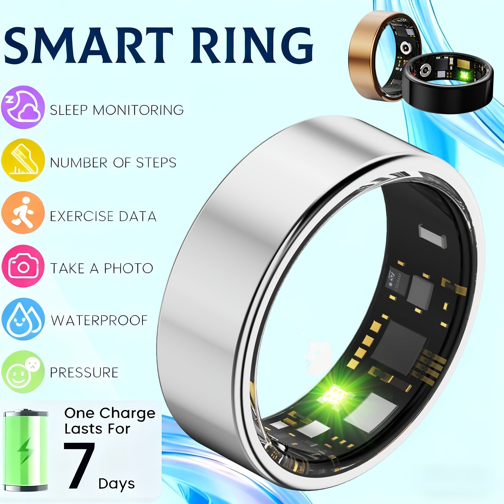 Smart Ring Fitness Tracker for Women Men Step Counter Calories HRV Stress Monitor Heart Rate 100+ Sports Modes IP68 Waterproof Health Ring iPhone Android Compatible