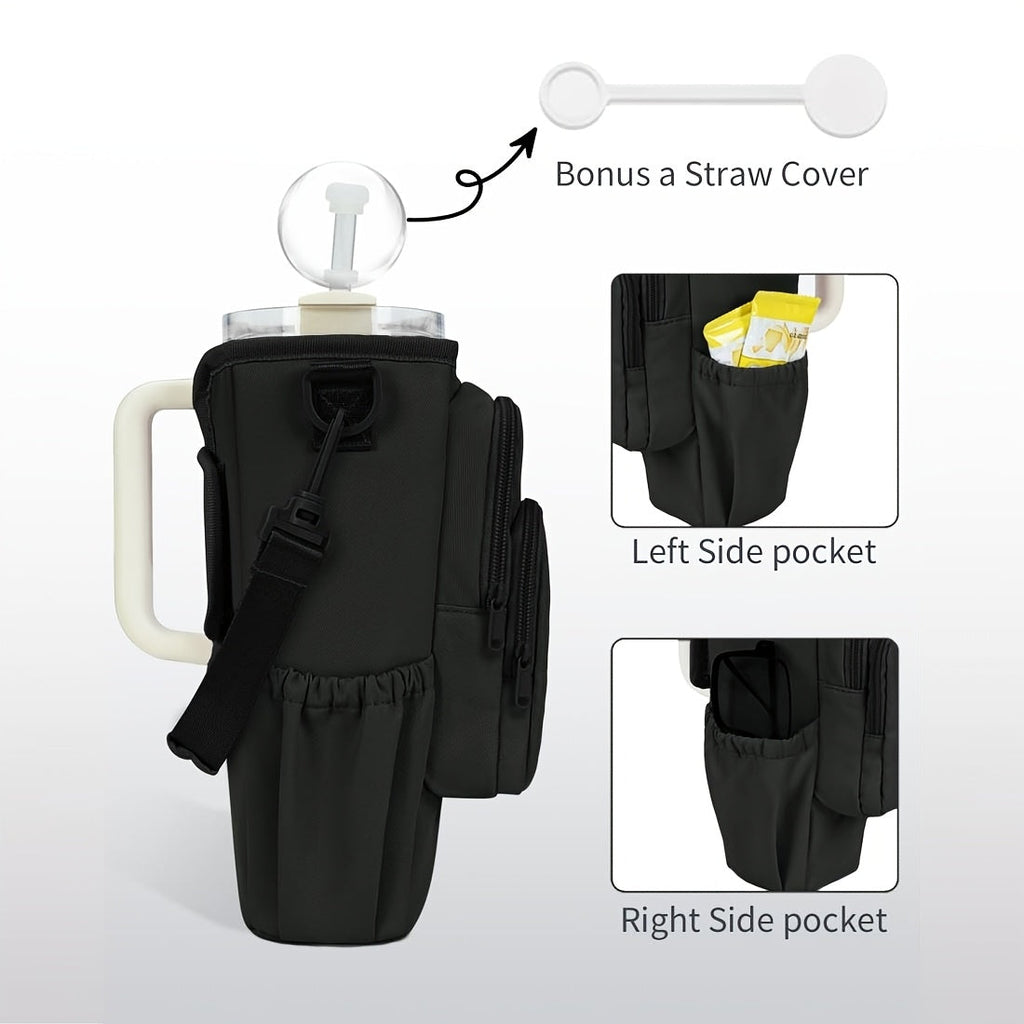 40oz Insulated Water Bottle Sling Bag with Straw Lid & Handle – Hands-Free Carrier with Phone Pocket Zippered Compartments Adjustable Strap for Dog Walking Gym Travel Outdoor Men Women