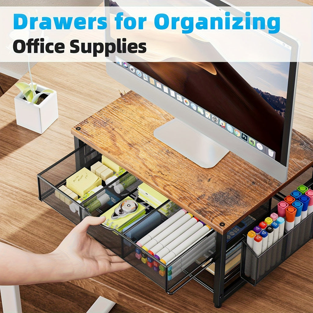 Metal Printer Stand with Storage Drawer & 2 Pen Holders – 2-Tier Desktop Organizer for Home Office, Printer Table for Scanner Fax Machine Files, Wood & Wood Black Finish