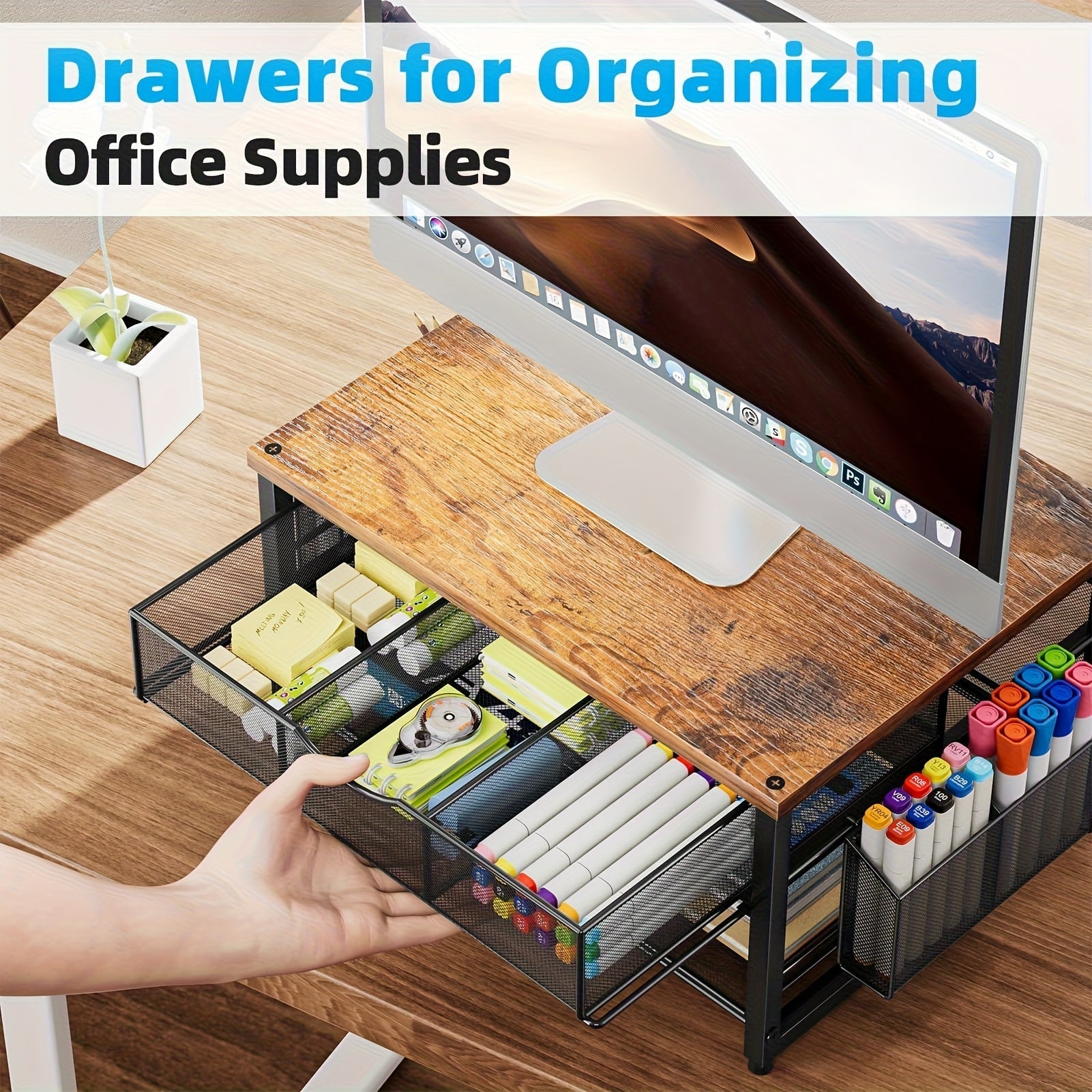 Metal Printer Stand with Storage Drawer & 2 Pen Holders – 2-Tier Desktop Organizer for Home Office, Printer Table for Scanner Fax Machine Files, Wood & Wood Black Finish
