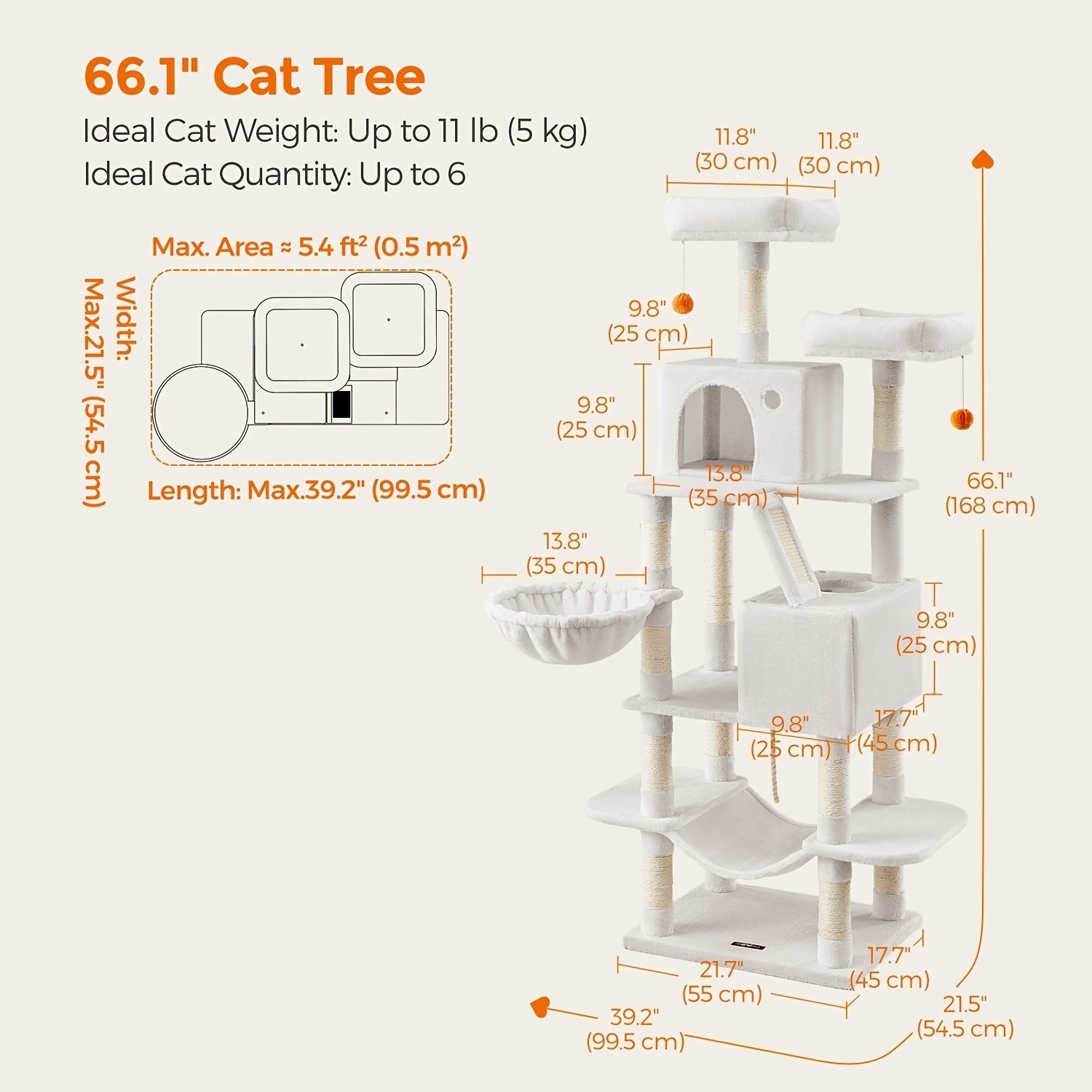 Cat Tree Tower 44 or 66 Inch Multi-Level Hammock Cozy Cave 4 Sisal Posts 2 Perches Anti-Tilt 10-Min Assembly Indoor Cats Kittens Multi-Cat Dark Gray Light Gray White Beige
