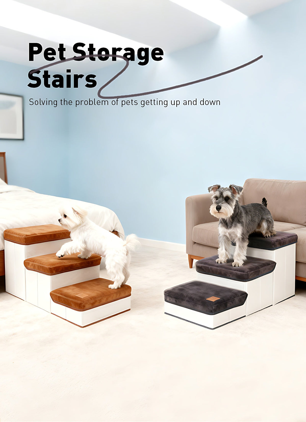 3-Tier Foldable Dog Stairs for Small Dogs Non-Slip Nylon Pet Ramp for High Beds Sofas Compact Foldable Brown White Includes Bonus Plush Toy