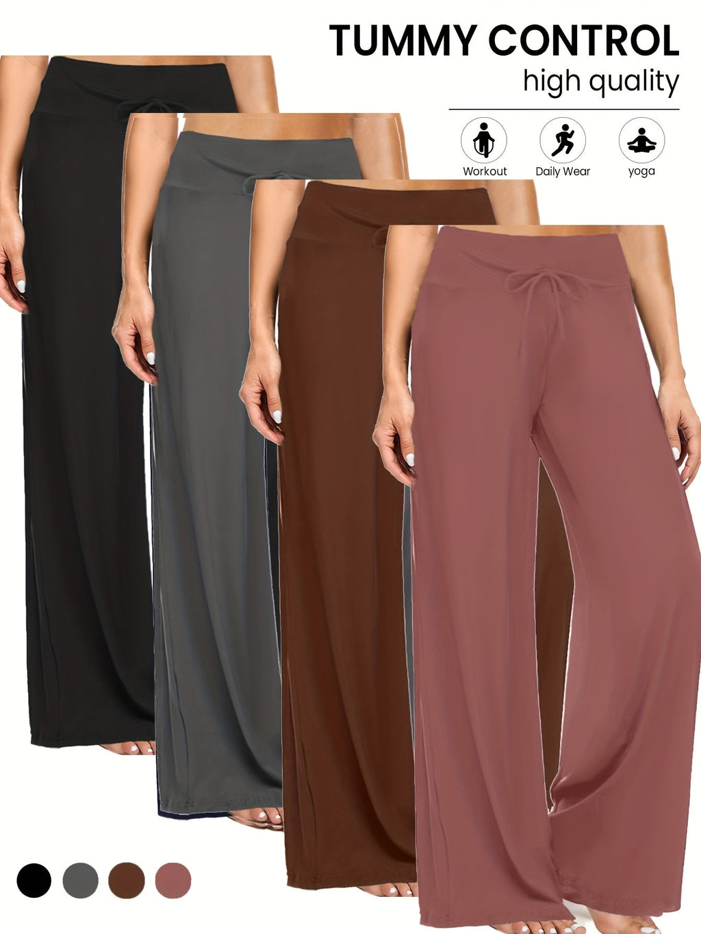 Wide Leg Palazzo Pants for Women 4-Pack – High Waist Flowy Stretchy Casual Beach Lounge Pants, Loose Dress Pants for Everyday Wear, Vacation, Summer & Plus Size – S to XXL, Black & Mixed Colors