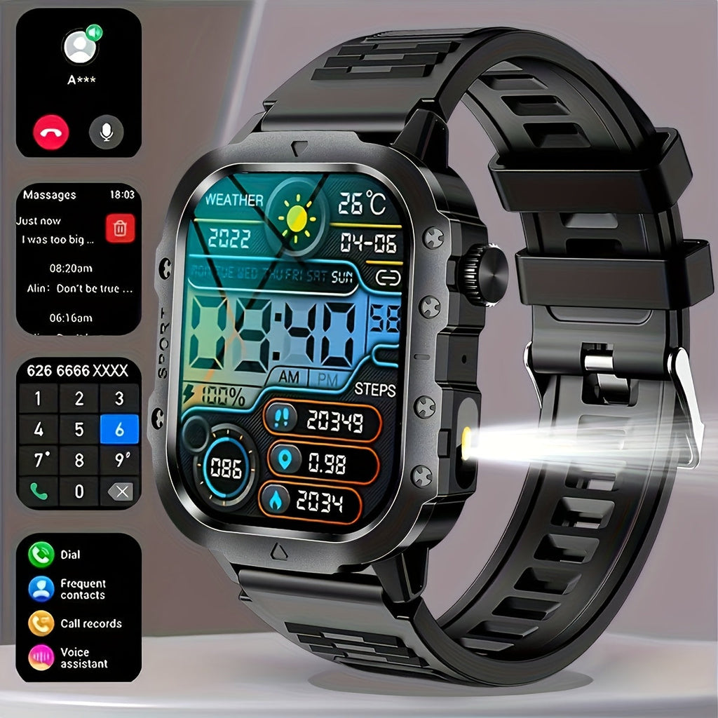 Outdoor Smart Watch with Built-In LED Flashlight, 2.01" Large HD Screen Rugged Fitness Tracker with Sports Modes & Message Reminders for Android & iPhone