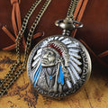 Vintage Bronze Quartz Fob Pocket Watch with Necklace Chain – Ancient Indian Colorful Portrait Design, Zinc Alloy Case, Unique Collector's Souvenir & Gift for Men