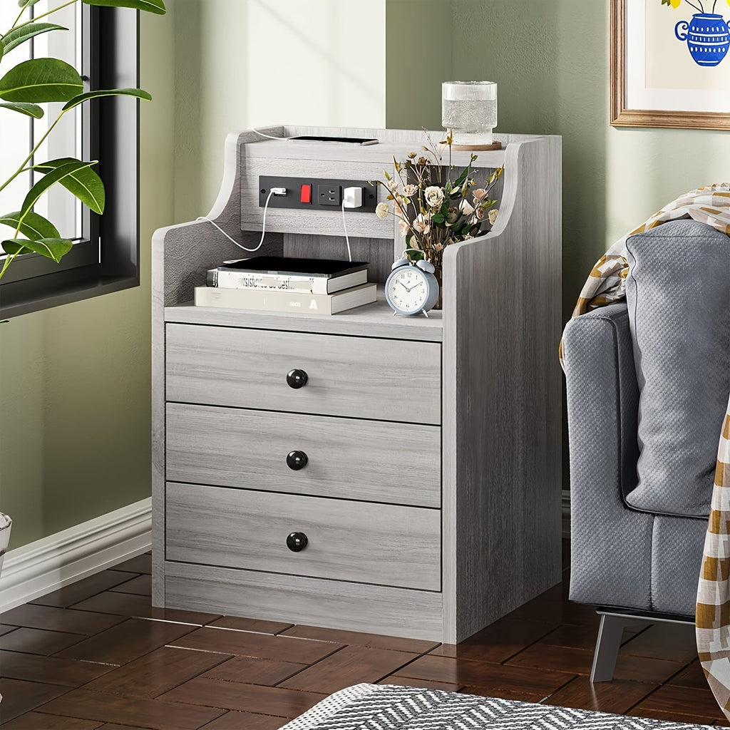 Nightstand with Charging Station 2 USB Ports 2 Outlets - 3 Drawers Hutch Bedroom End Table Sofa Side Table for Living Room Office Gray White 14x17.7x26.8 Inch