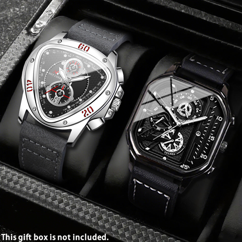 2pcs Men's Watch Set Sports Triangle Dial Silicone Strap and Retro Square Dial Quartz Watches with Date Display Dress Watch for Casual Valentine's Father's Day Gift