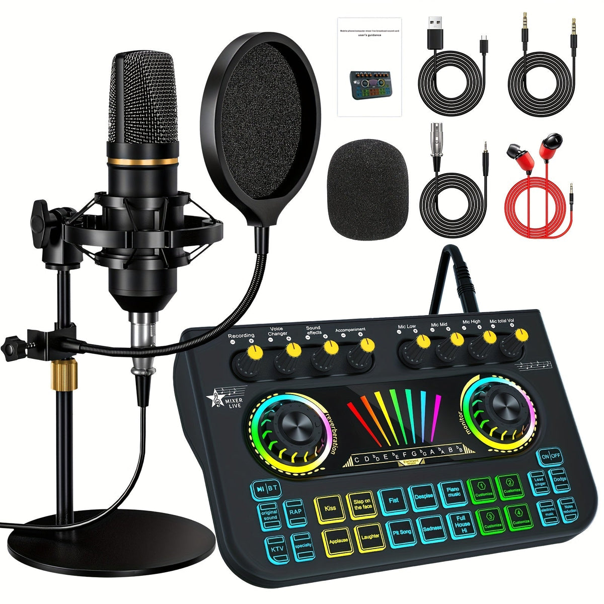 Microphone Mixer Bundle Kit for Podcast Recording Studio – Audio Mixer with Mic Stand, Sound Card, Streaming & Karaoke Setup for PC Phone Gaming