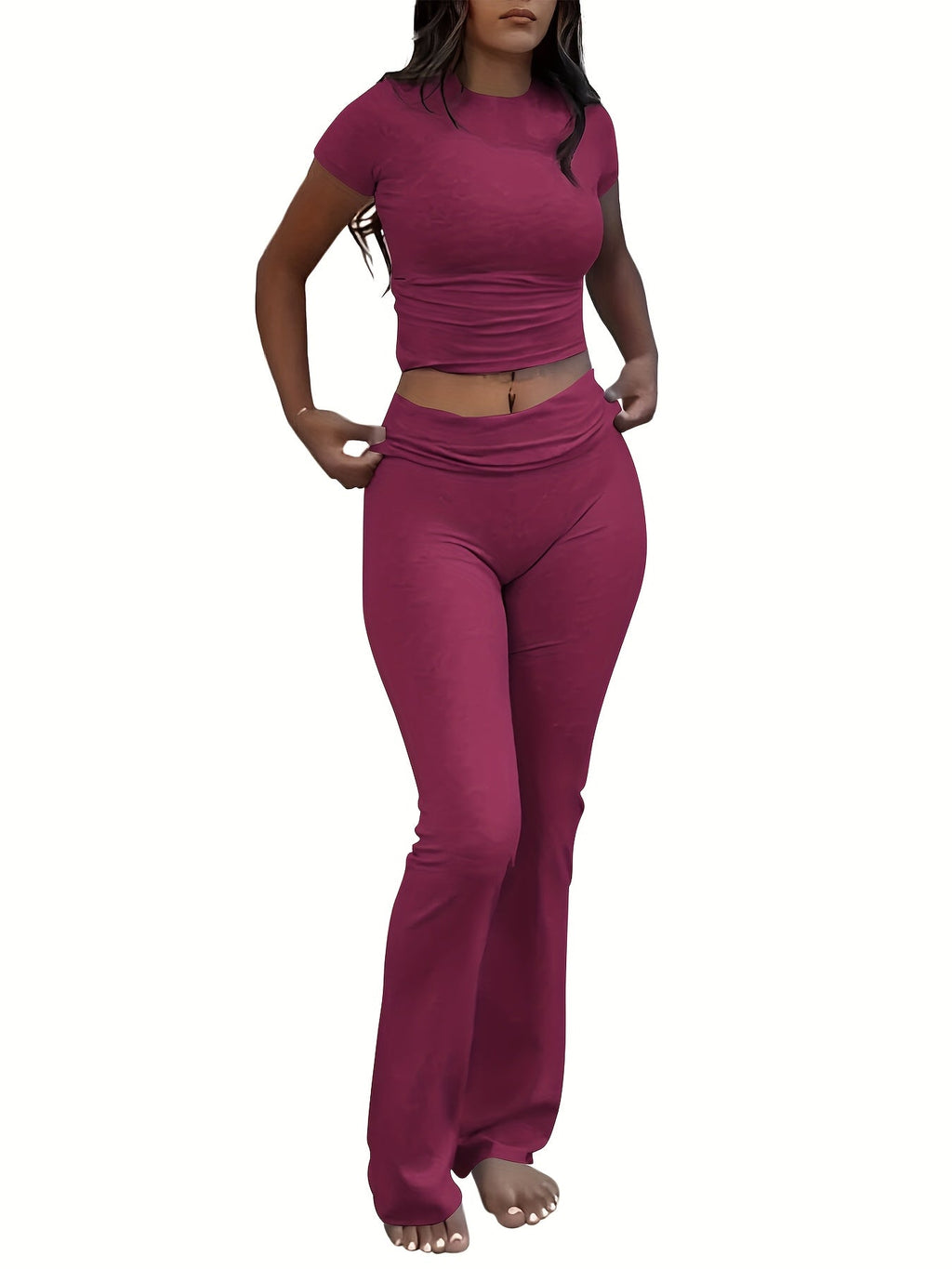 Women's Two-Piece Outfit Set Slim Fit Crew Neck Short Sleeve Tee & Skinny Flared Leg Pants – Casual Solid Color Matching Loungewear Tracksuit 9 Colors XS-XL