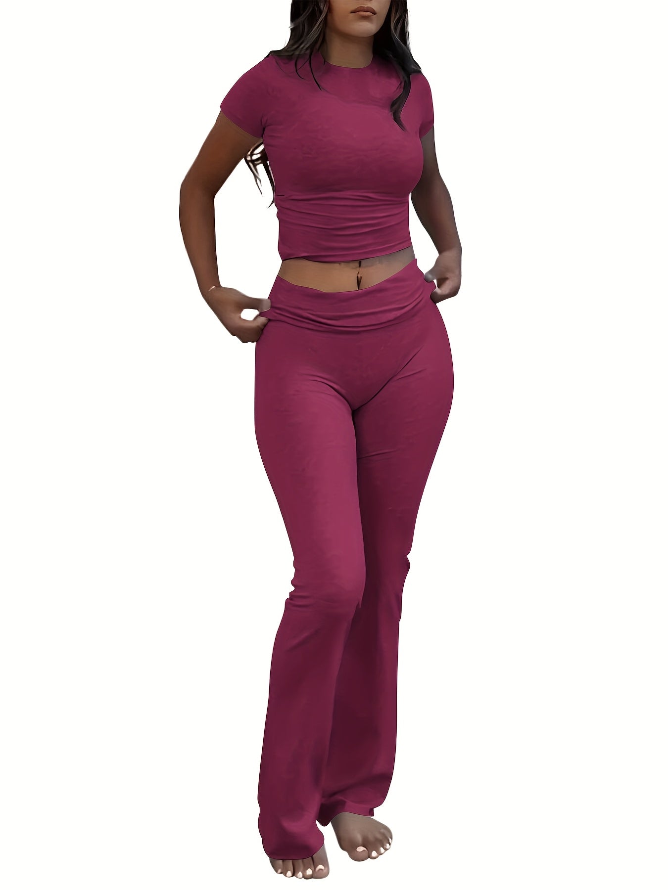 Women's Two-Piece Outfit Set Slim Fit Crew Neck Short Sleeve Tee & Skinny Flared Leg Pants – Casual Solid Color Matching Loungewear Tracksuit 9 Colors XS-XL