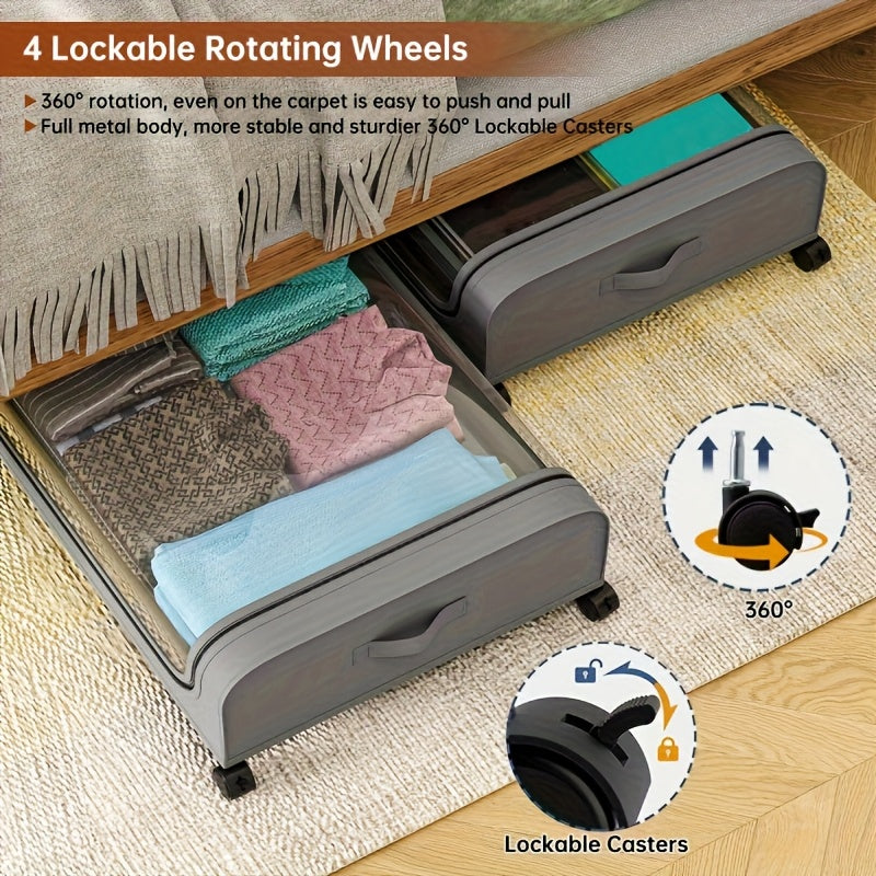 Under Bed Storage Organizer 2 Pack – Metal Underbed Storage Bins with Wheels and Lid Rolling Containers for Clothes Bedding Shoes Blankets Books Bedroom Dorm Apartment Black Gray